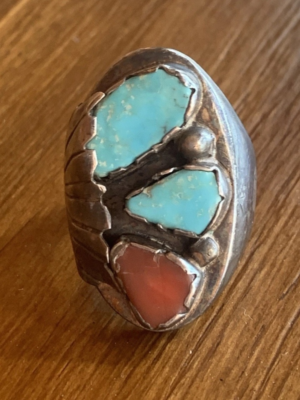 Turquoise and Coral heavy vintage Ring